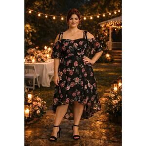 Torrid Black Pink Rose Floral Off-Shoulder Hi/Lo Dark Romantic Midi Dress, 00(M)